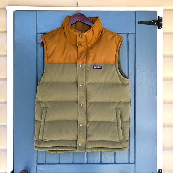 Patagonia Puffer Vest Men Medium Green Orange Full Zip - Picture 1 of 9